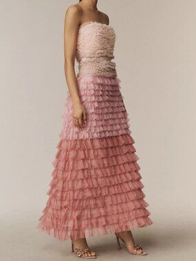 BHLDN | Dresses | Bhldn Elora Sleeveless Vneck Ruffle Lace Maxi Dress In  Blue Combo Euc Size | Poshmark